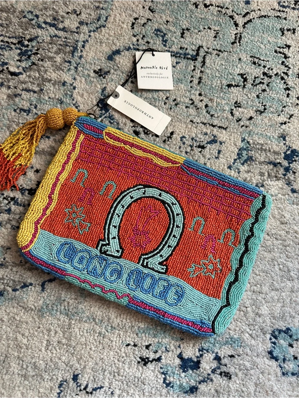 NWT Anthropologie Beaded Western Luck Wristlet Clutch with Tassel Long Life